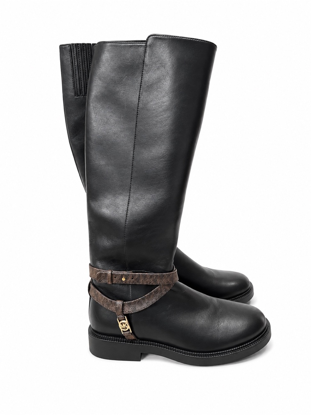 Michael Kors Black Leather Over-the-Knee Boots with Brown Strap
